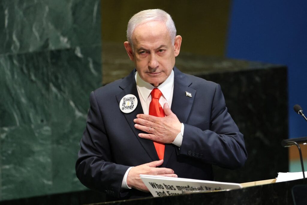 Huge speakers blast Netantyahu’s UN speech at Israel-Gaza border … from the Independent Holly Patrick